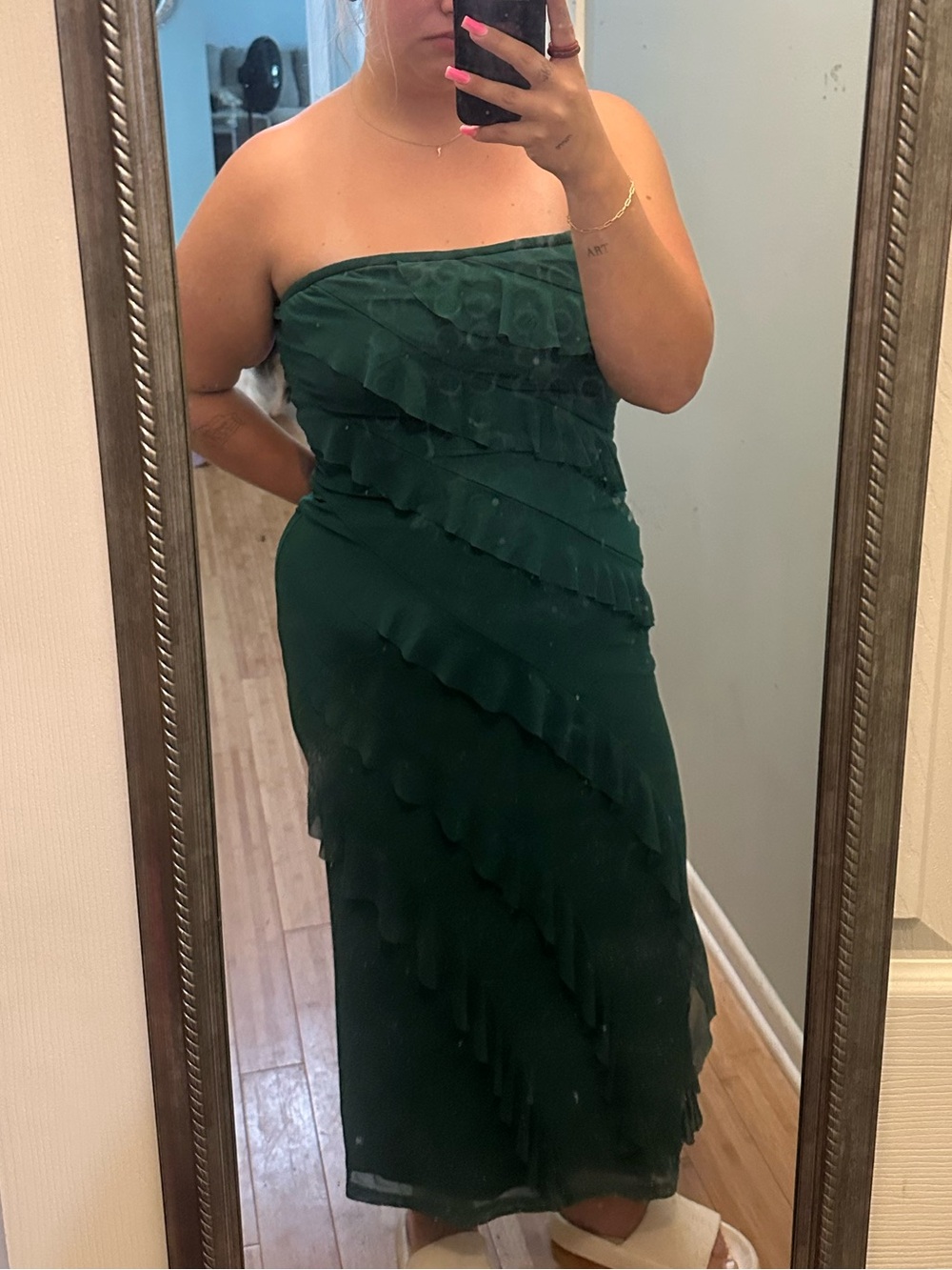 Strapless Dark Green Ruffle Midi Dress